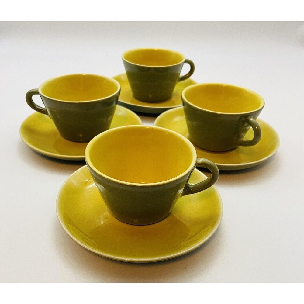 WINFIELD GABRIEL PASADENA Pottery Cup Saucer Sets X 4 Signed Green and Yellow